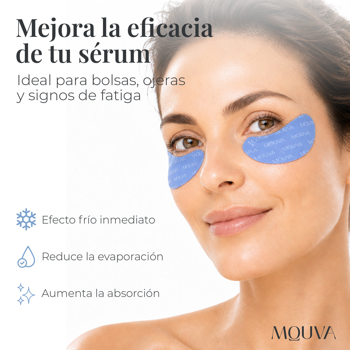 Mujer usando parches de silicona MÔUVA bajo los ojos